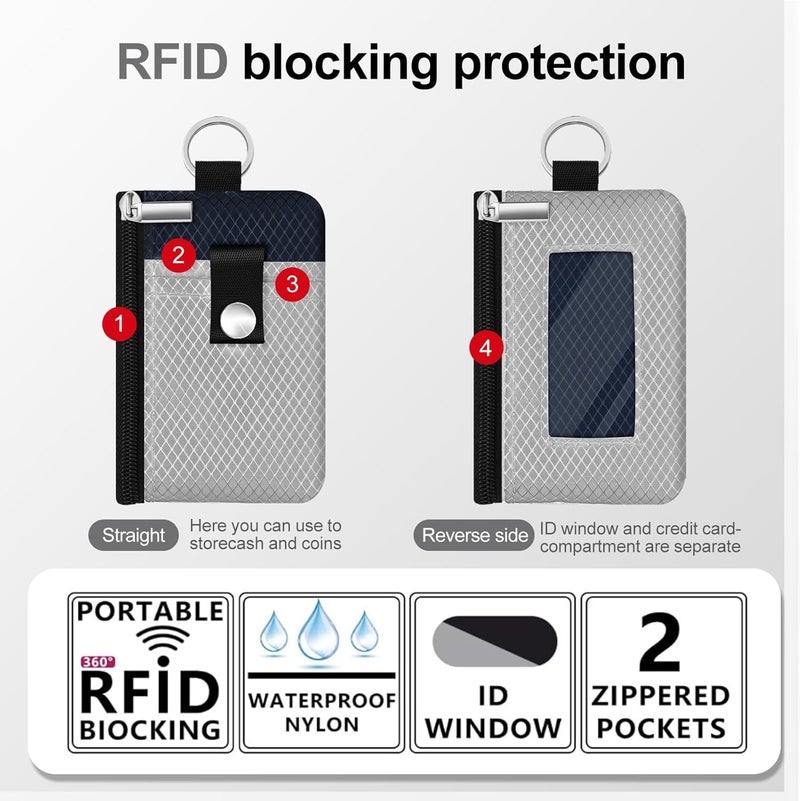 CCUMI Minimalist RFID Blocking Small Wallet with ID Window,WaterResistant Zip Id Case Wallet with Lanyard Keychain for Cards,Cash,Travel,Women,Men (Light gray/Dark blue) - Image 2